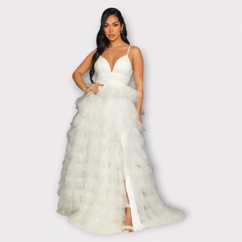 ERSILIA ROBE LONGUE EN TULLE DE COULEUR UNIE AVEC JUPE À VOLANTS