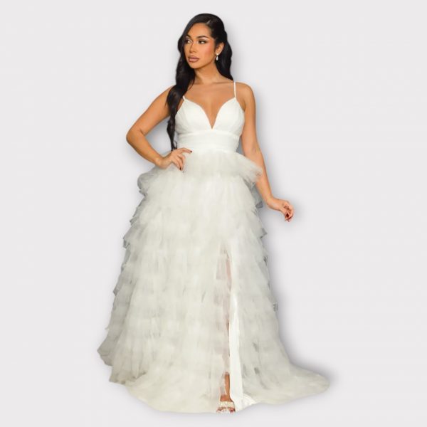ERSILIA ROBE LONGUE EN TULLE DE COULEUR UNIE AVEC JUPE À VOLANTS
