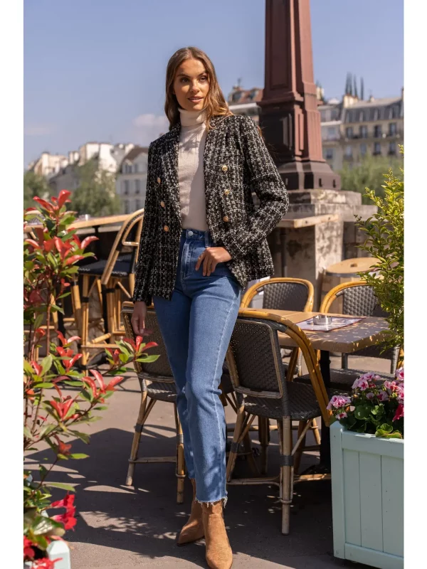 FELICIE VESTE BLAZER CINTRÉE CROISÉE TWEED À CARREAUX
