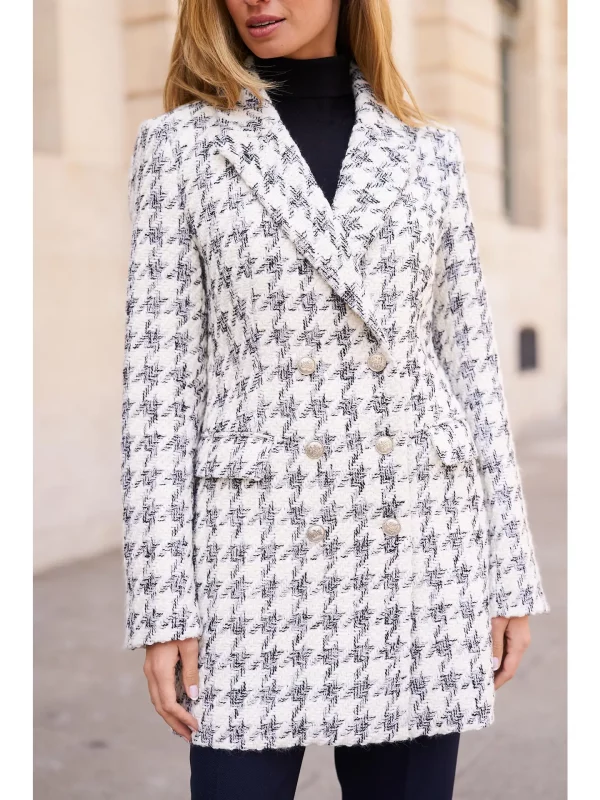 PIALE VESTE PIED -DE-POULE GRISE MI-LONGUE CINTRÉE