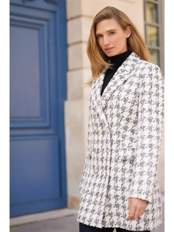 PIALE VESTE PIED -DE-POULE GRISE MI-LONGUE CINTRÉE