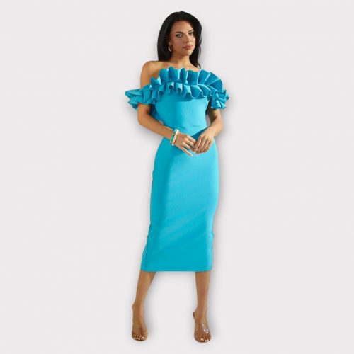 VALENTINA ROBE MIDI PLISSÉE À VOLANTS ET ÉPAULES DÉNUDÉES