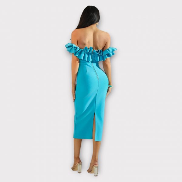 VALENTINA ROBE MIDI PLISSÉE À VOLANTS ET ÉPAULES DÉNUDÉES