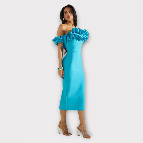 VALENTINA ROBE MIDI PLISSÉE À VOLANTS ET ÉPAULES DÉNUDÉES