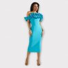VALENTINA ROBE MIDI PLISSÉE À VOLANTS ET ÉPAULES DÉNUDÉES
