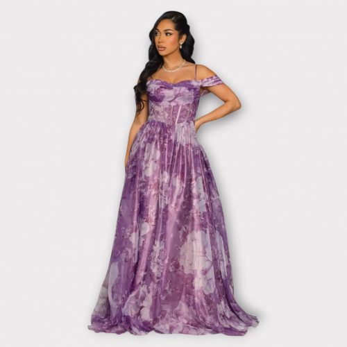 YOLANDE ROBE LONGUE CORSET EN ORGANZA À IMPRIMÉ FLORAL