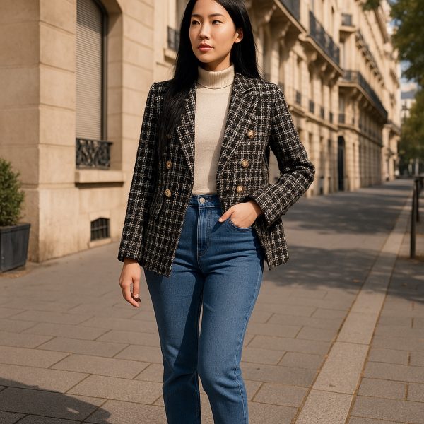FELICIE VESTE BLAZER CINTRÉE CROISÉE TWEED À CARREAUX