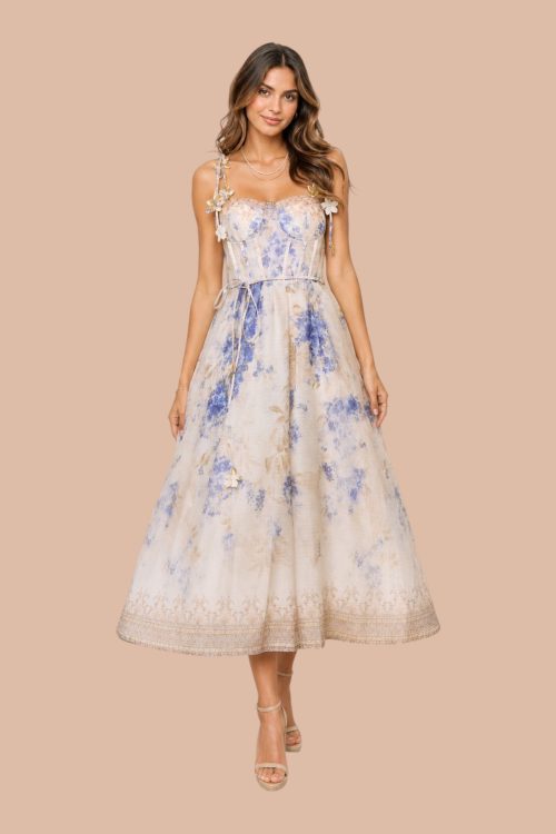 Justine Robe mi-longue corset floral bretelles fleurs 3D