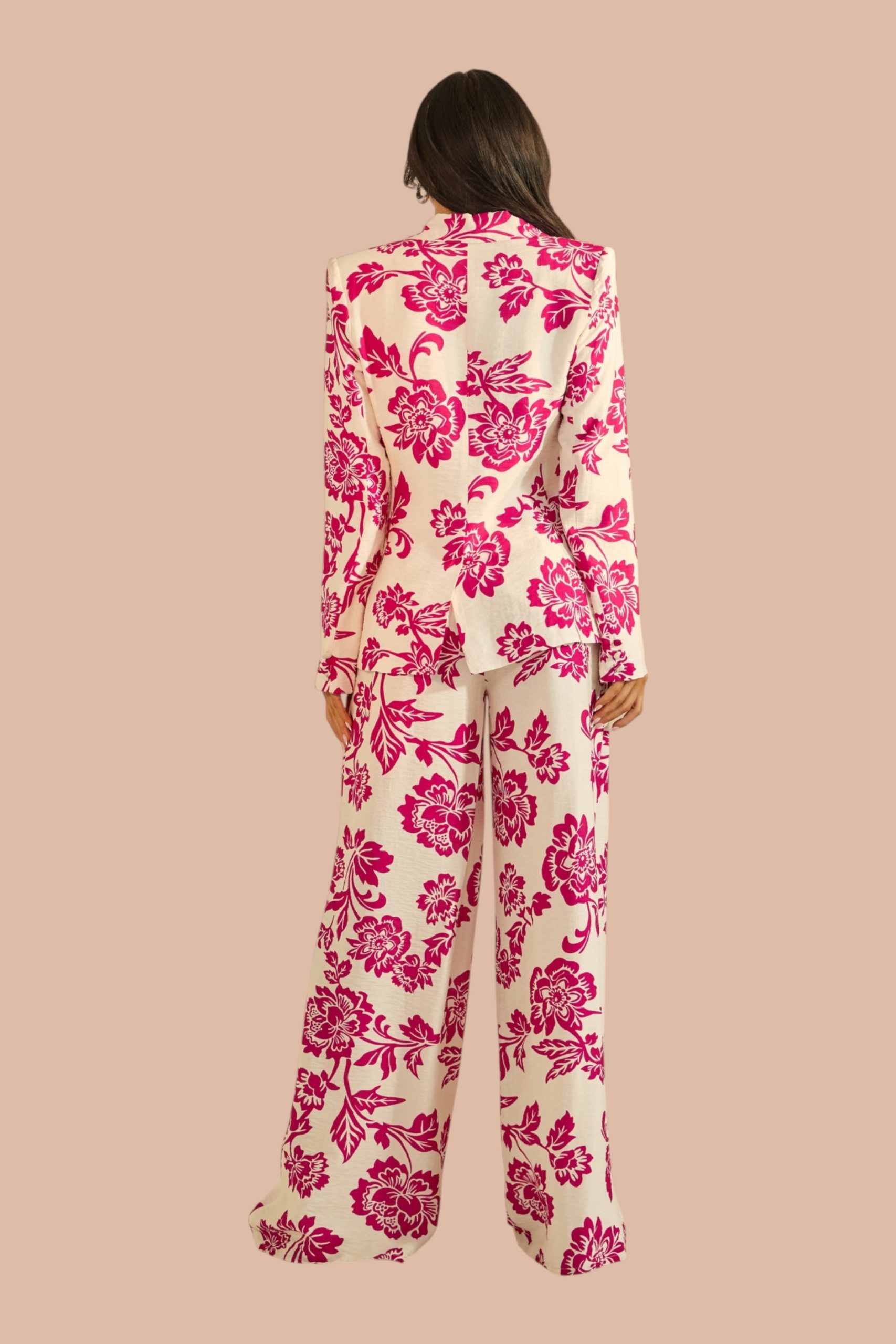 Noelie, ensemble veste un bouton et pantalon large, imprimé floral magenta