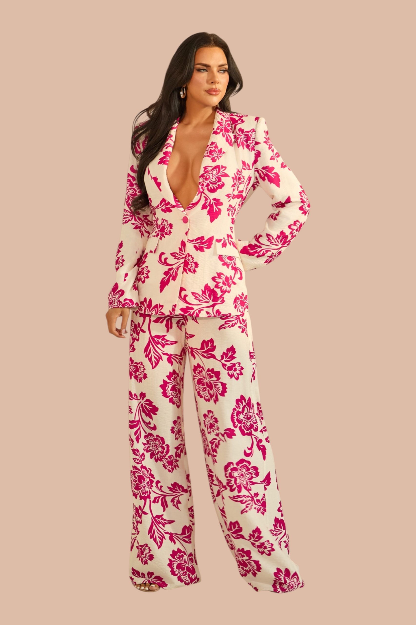 Noelie, ensemble costume floral, veste structurée et pantalon évasé