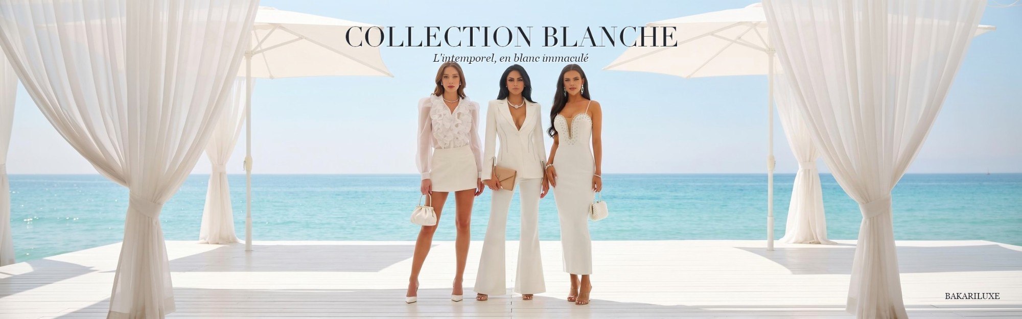 Bannière Collection Blanche - mannequins en blanc sur terrasse de plage