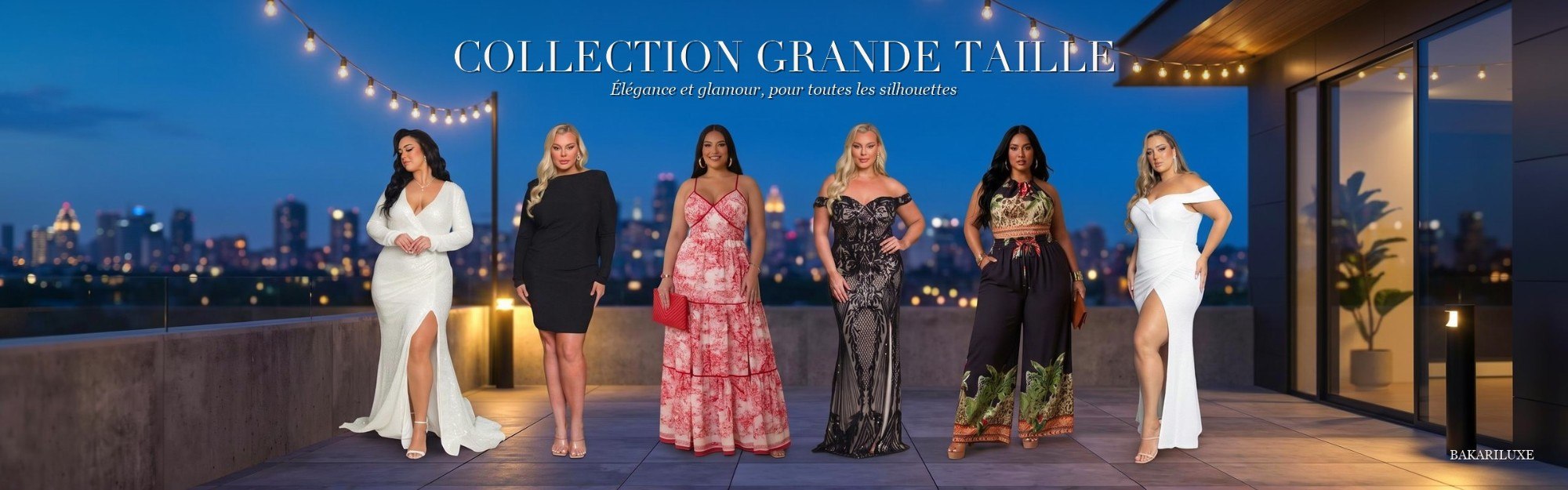Bannière Collection Grande Taille - mannequins en terrasse au coucher du soleil