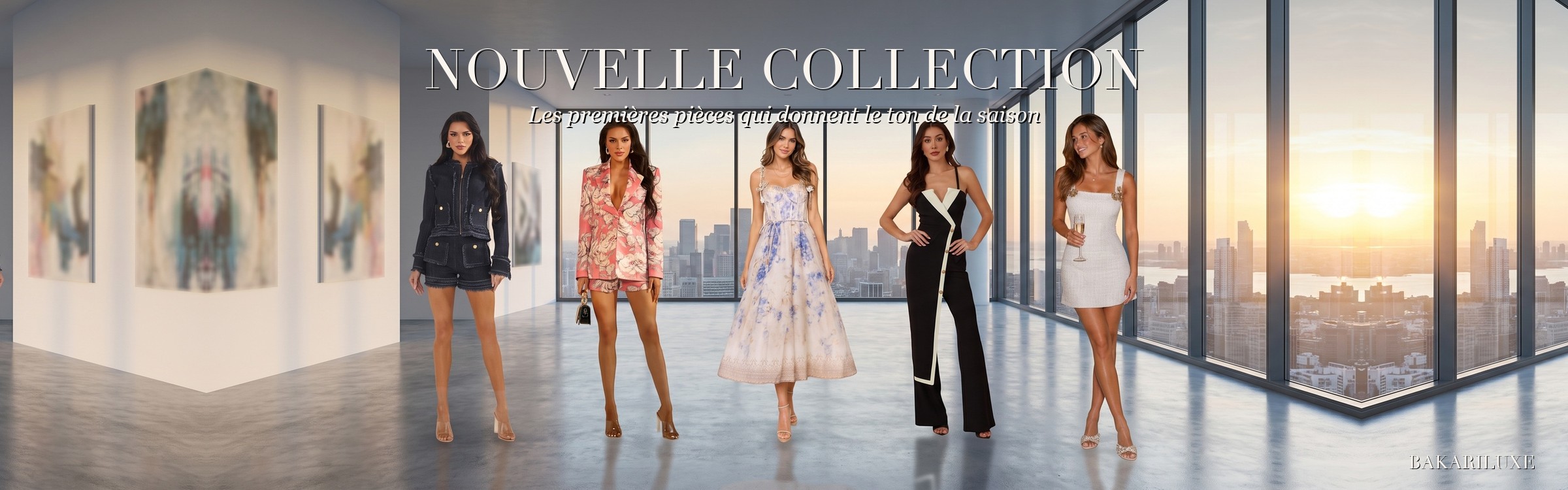 Bannière Nouvelle Collection - mannequins dans un loft avec vue skyline au coucher du soleil