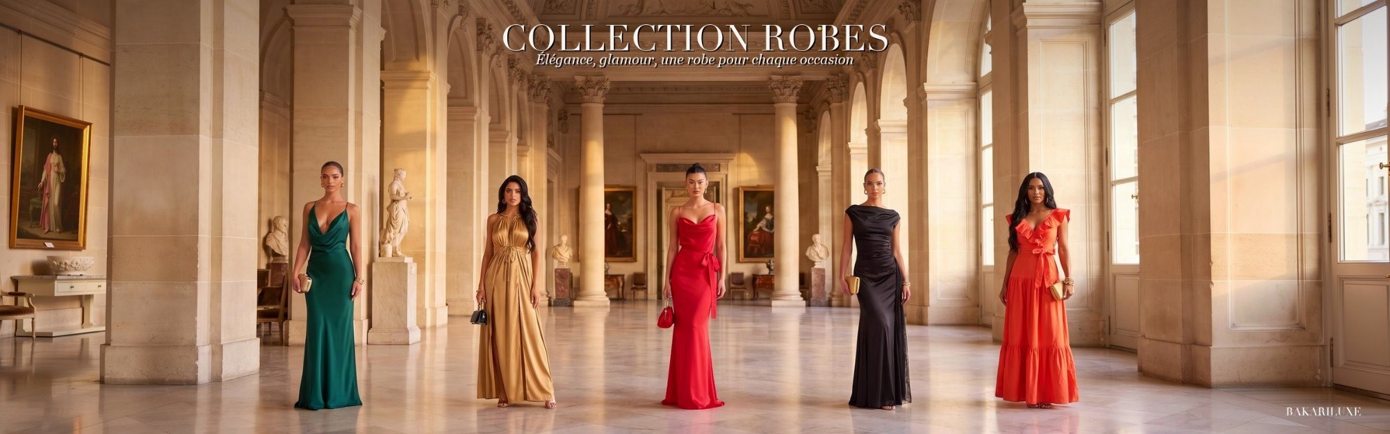 Bannière Collection Robes Bakariluxe format panoramique : cinq mannequins en robes de soirée colorées dans une galerie à colonnades du Louvre